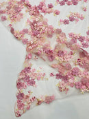 3D Multi-Color Flower Lace - Pink - Flower Leaf 3D Multi-Tone Fabrics Sold By Yard