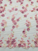 3D Multi-Color Flower Lace - Pink - Flower Leaf 3D Multi-Tone Fabrics Sold By Yard