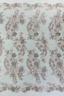 Two Tone Lace Floral Fabric - Pink / Silver - Flower and Fish Designs Corded on Sequins Lace By Yard