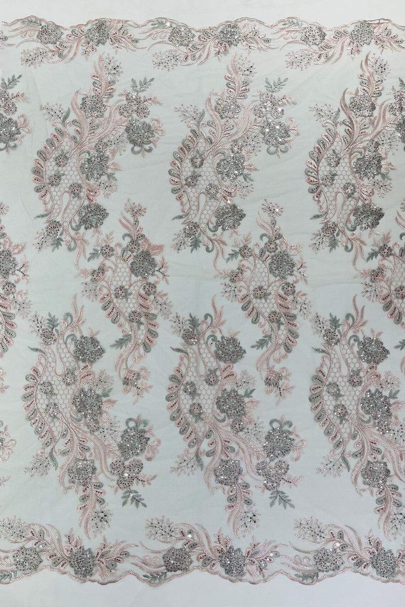 Two Tone Lace Floral Fabric - Pink / Silver - Flower and Fish Designs Corded on Sequins Lace By Yard