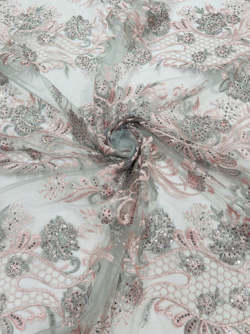 Two Tone Lace Floral Fabric - Pink / Silver - Flower and Fish Designs Corded on Sequins Lace By Yard