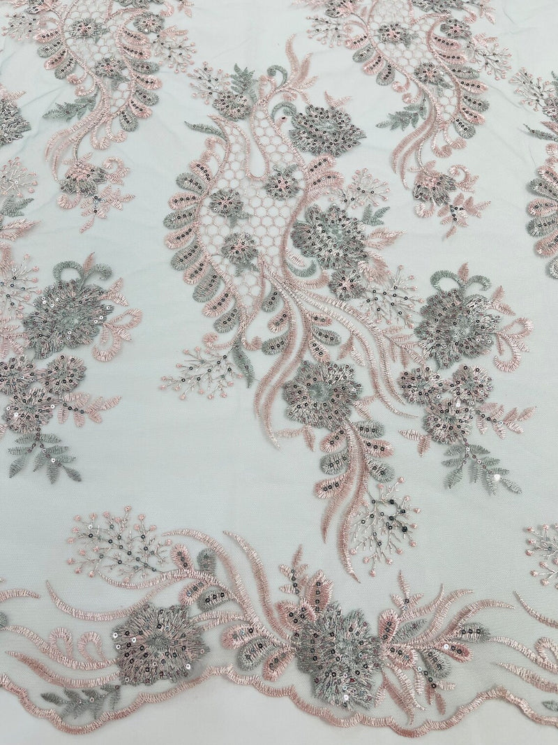 Two Tone Lace Floral Fabric - Pink / Silver - Flower and Fish Designs Corded on Sequins Lace By Yard