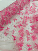 3D Butterfly Sequins Bead Fabric - Pink / Silver - Sequins Embroidered Beaded Fabric By Yard