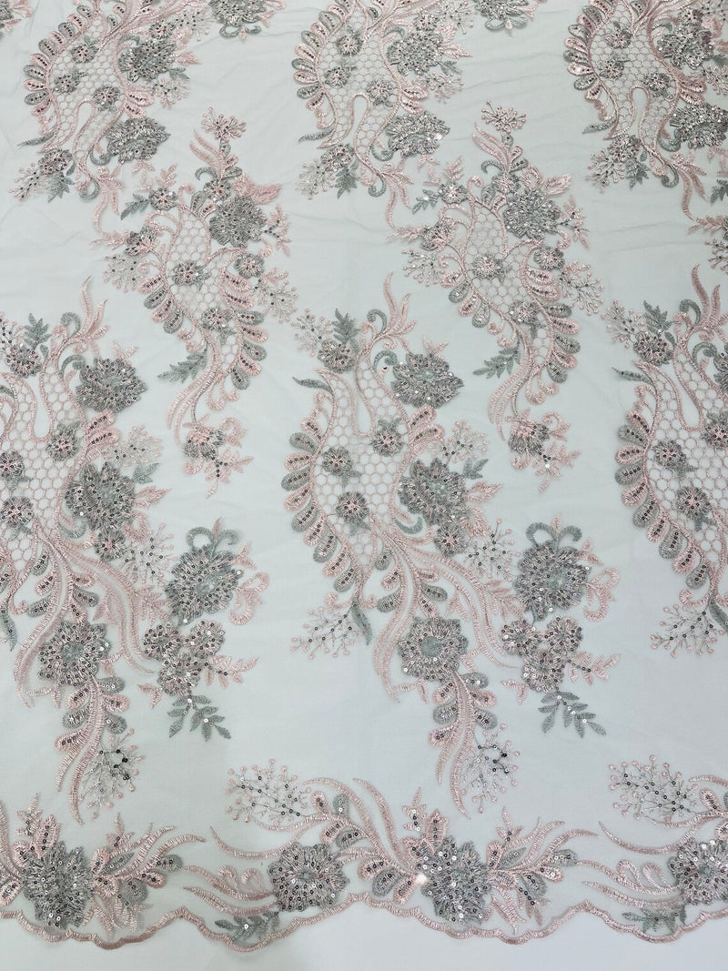 Two Tone Lace Floral Fabric - Pink / Silver - Flower and Fish Designs Corded on Sequins Lace By Yard