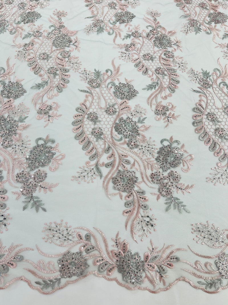 Two Tone Lace Floral Fabric - Pink / Silver - Flower and Fish Designs Corded on Sequins Lace By Yard