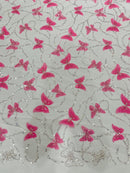 3D Butterfly Sequins Bead Fabric - Pink / Silver - Sequins Embroidered Beaded Fabric By Yard