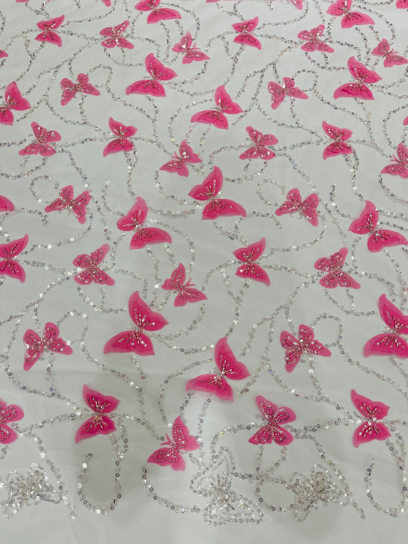 3D Butterfly Sequins Bead Fabric - Pink / Silver - Sequins Embroidered Beaded Fabric By Yard