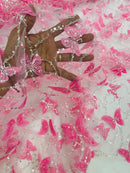 3D Butterfly Sequins Bead Fabric - Pink / Silver - Sequins Embroidered Beaded Fabric By Yard