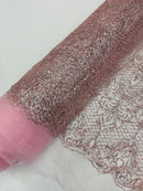 Mermaid Design Glitter Fabric - Pink - Glitter Lace Mesh Design Dress Fabric  By Yard