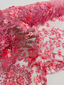 3D Glitter Floral Fabric - Pink - Glitter Sequin Flower Design on Lace Mesh Fabric by Yard