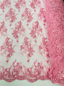 Beaded Sequins Floral Fabric - Pink - Embroidered Beaded Floral Clusters Sequins Fabric By Yard