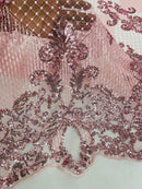 King Damask Lace Fabric - Pink - Corded Embroidery with Sequins on Mesh Lace Fabric By Yard