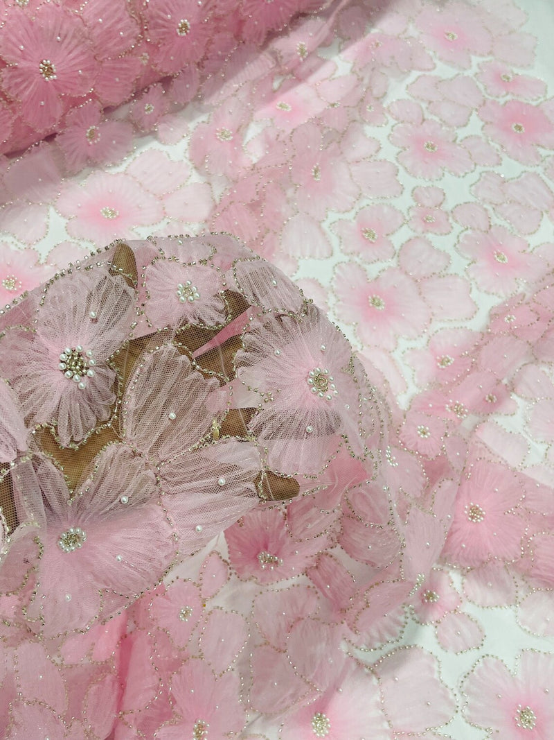 3D Tulle Flower Bead Fabric - Pink - Mesh Flowers with Small Pearls and Beads By The Yard