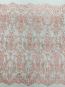 Rhinestone Design Fabric - Pink - Beaded Damask Design Embroidery Corded Lace  by Yard