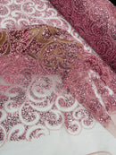 Swirl Design Bead Fabric - Pink - Beaded Swirl Design with Sequins on Mesh Lace by Yard