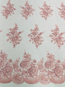 Flower Lace Sequins Fabric - Pink - Embroidered Floral Pattern Fabric with Sequins on Lace By Yard