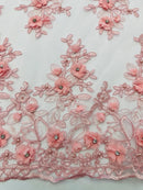 3D Floral Fabric -  Pink - Embroidered Flower with Rhinestone and Sequins Fabric Sold By Yard