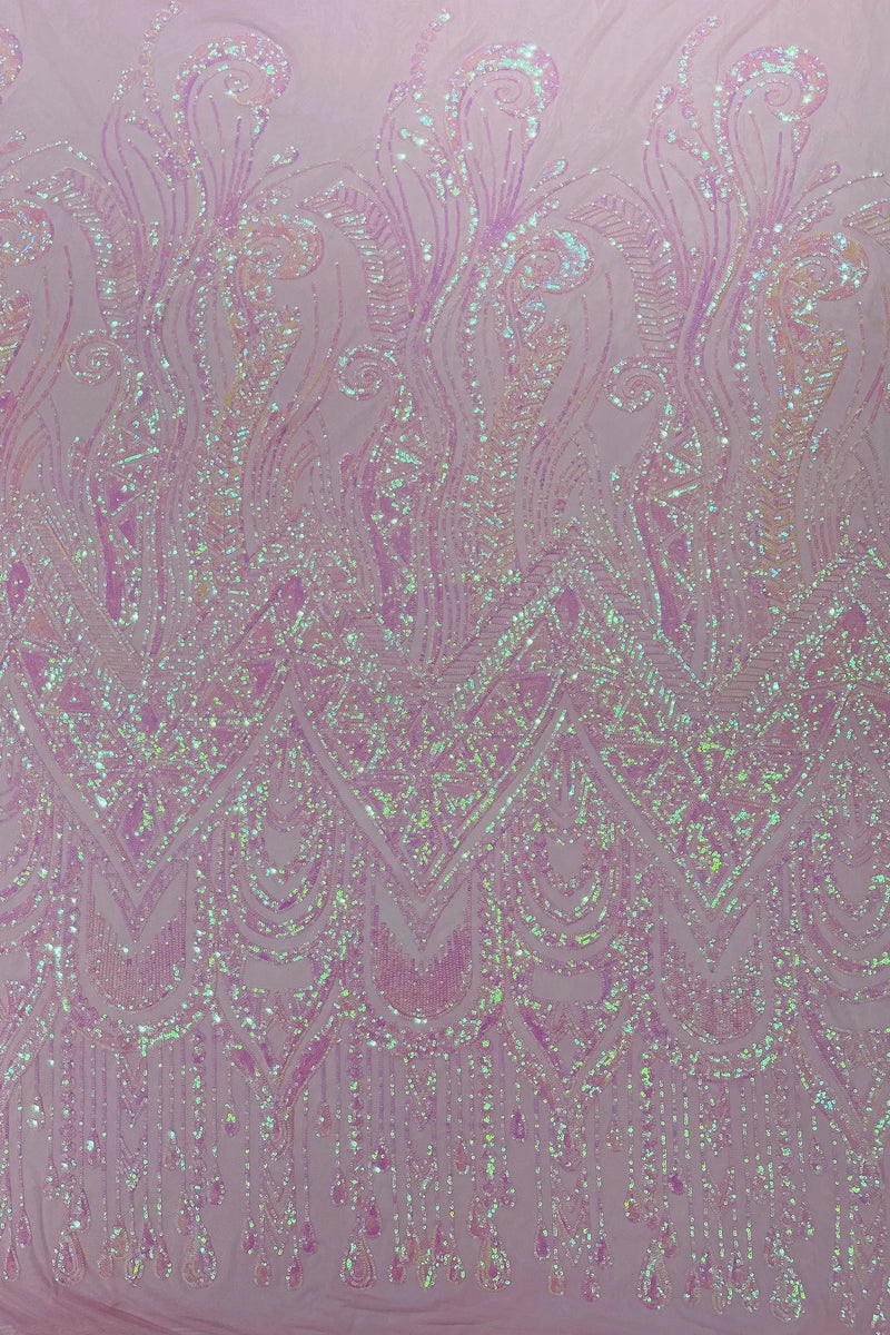 Zig Zag Tear Drop Sequins - Pink - Embroidered Zig Zag Sequins 4 Way Stretch By Yard