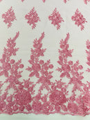 Rose Beaded Sequin Fabric - Pink - Embroidered Floral Pattern with Beads and Sequins By Yard