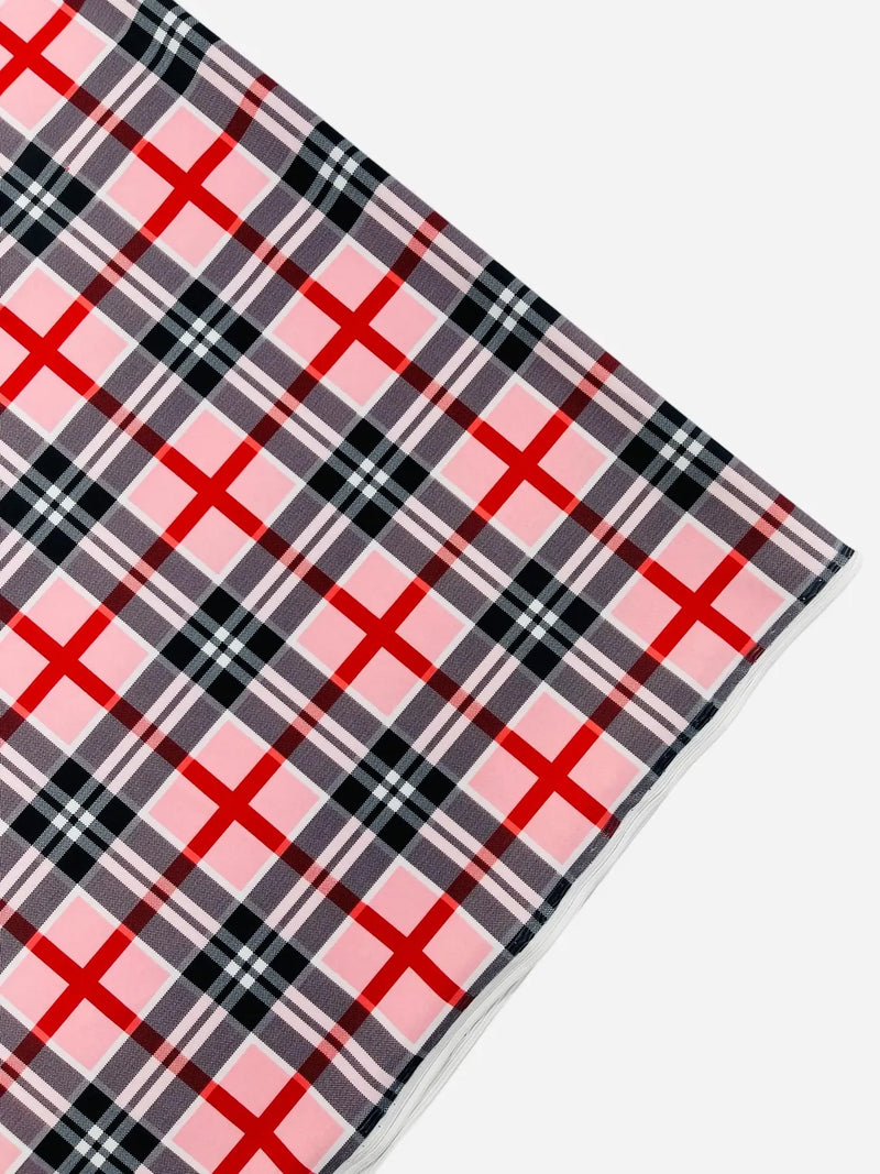 58-60" Plaid Print Milliskin Fabric - Pink - Spandex 4 Way Stretch Plaid Fabric Sold by Yard