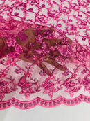 Metallic Floral Butterfly Fabric - Pink - Embroidered Floral Butterfly Design Mesh Fabric by Yard