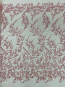 Plant Cluster Glitter Fabric - Pink - Beaded Embroidered Leaf Plant Design on Lace Mesh By Yard