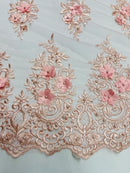 3D Floral Fabric with Pearls - Pink - Embroidered Flower and Leaf Patterns on Lace Fabric by Yard