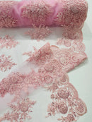Flower Lace Sequins Fabric - Pink - Embroidered Floral Pattern Fabric with Sequins on Lace By Yard