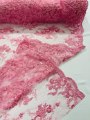 Beaded Sequins Floral Fabric - Pink - Embroidered Beaded Floral Clusters Sequins Fabric By Yard