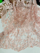 Rhinestone Design Fabric - Pink - Beaded Damask Design Embroidery Corded Lace  by Yard