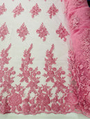 Rose Beaded Sequin Fabric - Pink - Embroidered Floral Pattern with Beads and Sequins By Yard