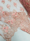 3D Floral Fabric with Pearls - Pink - Embroidered Flower and Leaf Patterns on Lace Fabric by Yard