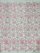 3D Tulle Flower Bead Fabric - Pink - Mesh Flowers with Small Pearls and Beads By The Yard