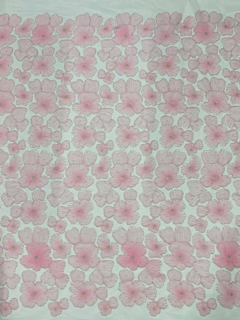 3D Tulle Flower Bead Fabric - Pink - Mesh Flowers with Small Pearls and Beads By The Yard