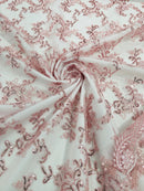 Sequin Lace Floral Fabric - Pink - Flower Embroidered Sequins Lace Fabric Sold By Yard