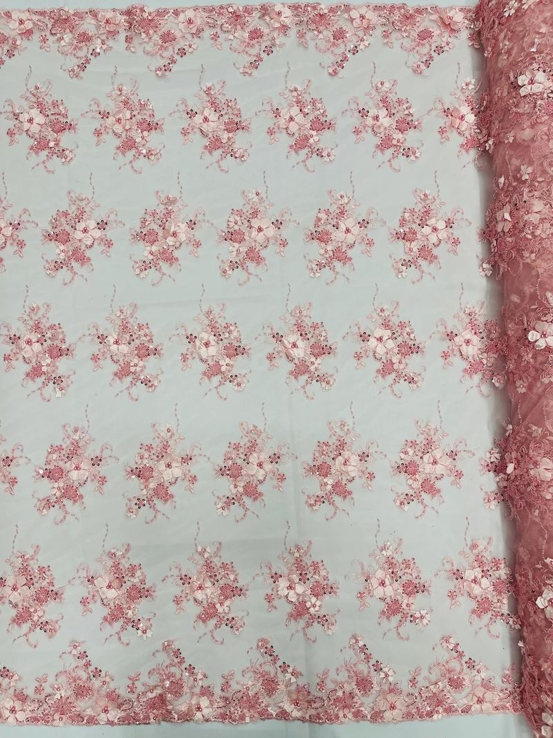 3D Flower Pearl Design - Pink - Embroidered Sequins Floral Clusters Lace Fabric By Yard