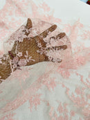 Floral Cluster Corded Fabric - Pink - Fancy Flower Embroidery Lace Mesh Fabric By Yard