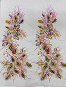 Peacock Feathers Design Lace - Pink - Embroidered Multi-Color Peacock Lace Fabric Sold by Panel