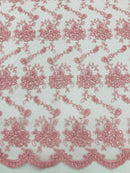 Jasmine Flower Fabric - Pink - Embroidered Floral Design Lace Mesh Bridal Fabric By Yard