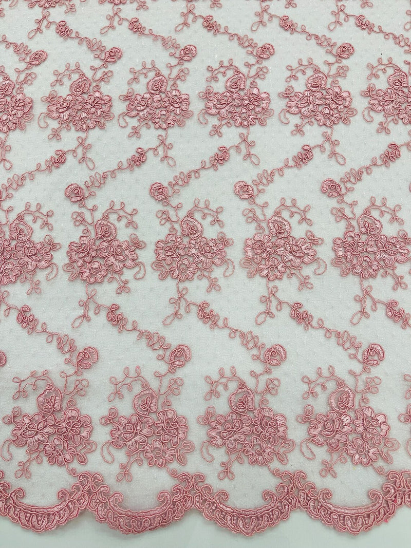 Jasmine Flower Fabric - Pink - Embroidered Floral Design Lace Mesh Bridal Fabric By Yard