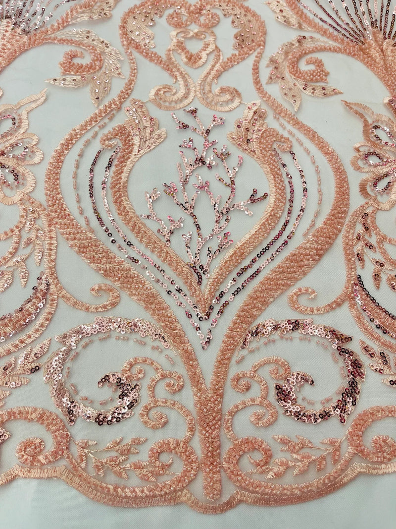 Leaf Damask Bead Fabric - Pink - Embroidered Sequins Heavy Beaded Lace Fabric by Yard
