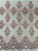King Damask Lace Fabric - Pink - Corded Embroidery with Sequins on Mesh Lace Fabric By Yard
