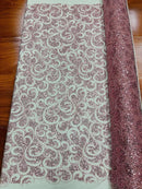 Swirl Design Bead Fabric - Pink - Beaded Swirl Design with Sequins on Mesh Lace by Yard