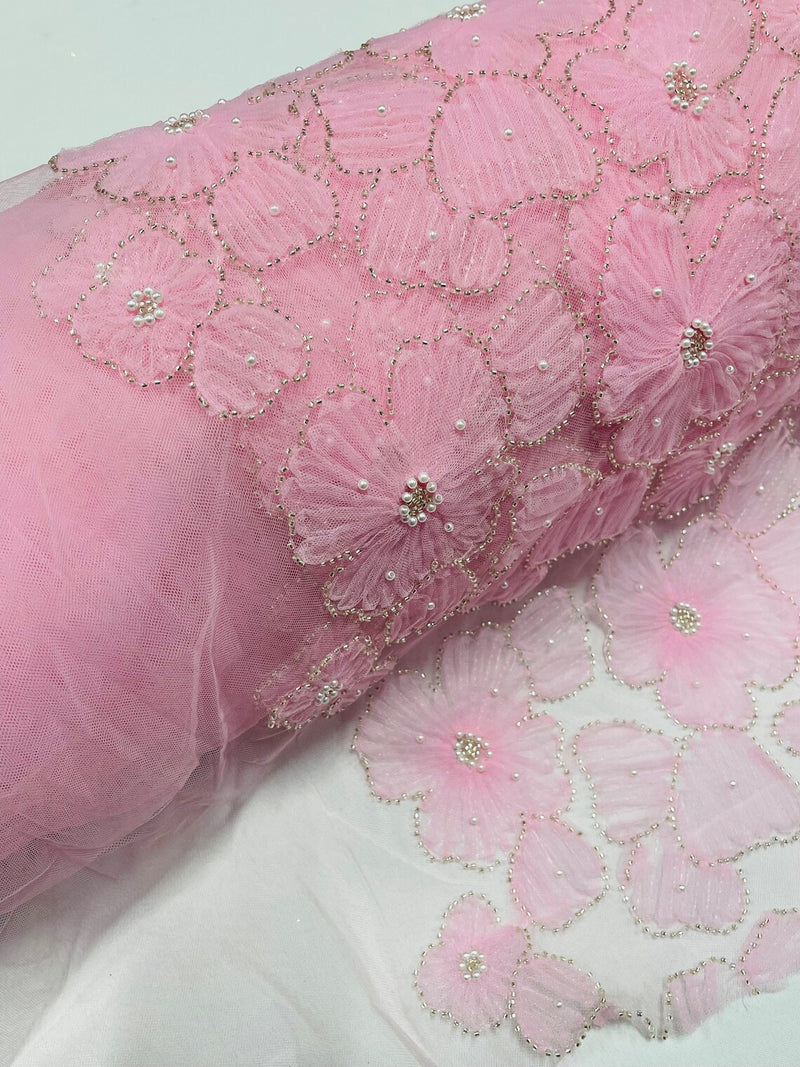 3D Tulle Flower Bead Fabric - Pink - Mesh Flowers with Small Pearls and Beads By The Yard