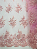 Flower Lace Sequins Fabric - Pink - Embroidered Floral Pattern Fabric with Sequins on Lace By Yard