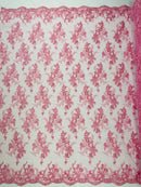 Beaded Sequins Floral Fabric - Pink - Embroidered Beaded Floral Clusters Sequins Fabric By Yard