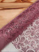 Swirl Design Bead Fabric - Pink - Beaded Swirl Design with Sequins on Mesh Lace by Yard