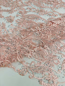 Rhinestone Design Fabric - Pink - Beaded Damask Design Embroidery Corded Lace  by Yard