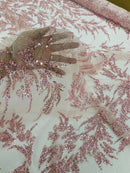 Plant Cluster Glitter Fabric - Pink - Beaded Embroidered Leaf Plant Design on Lace Mesh By Yard