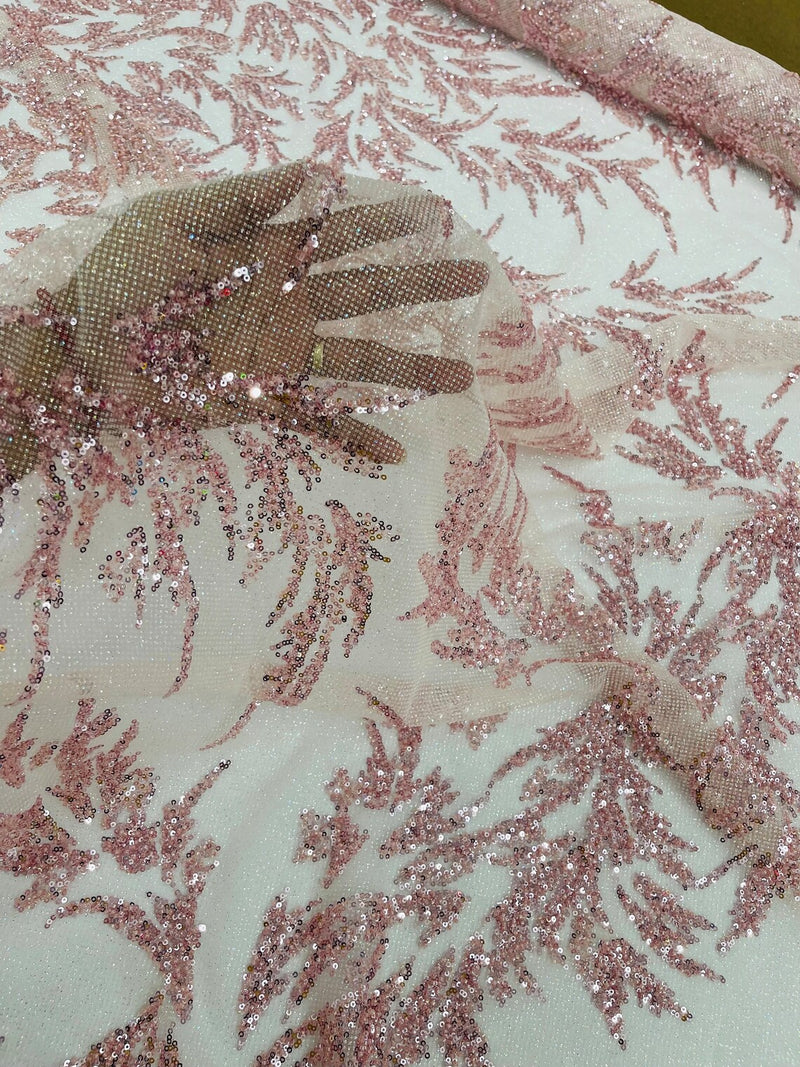 Plant Cluster Glitter Fabric - Pink - Beaded Embroidered Leaf Plant Design on Lace Mesh By Yard